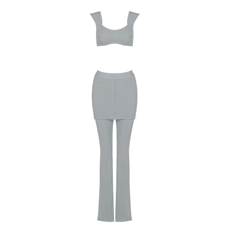 Tank Top Pants Two Piece Set Camisole Stretch Knit Flare Pants Bandage Crop Tops Full Length Pants Suit New High Quality