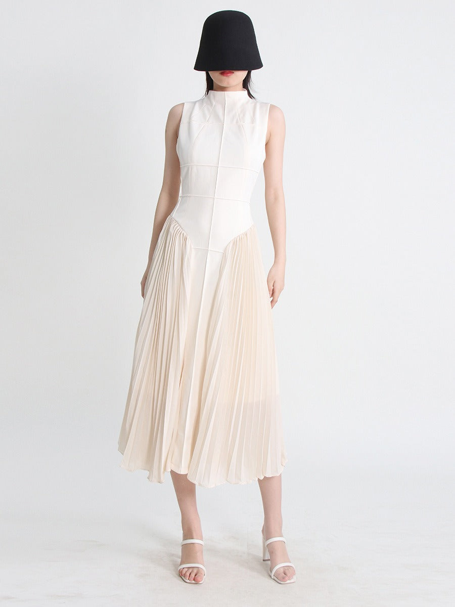 French light cooked retro style summer standing collar sleeveless open thread design pleated design long solid color dress