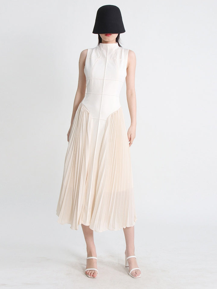 French light cooked retro style summer standing collar sleeveless open thread design pleated design long solid color dress