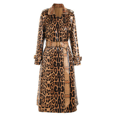 Spring And Autumn Loose Leather Pattern Temperament Commuter Brown Long Windbreaker Cardigan Coat