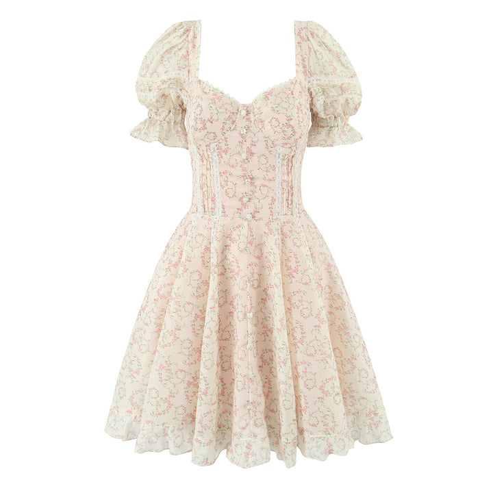 Square neck bubble sleeve dress with waist cinching short skirt