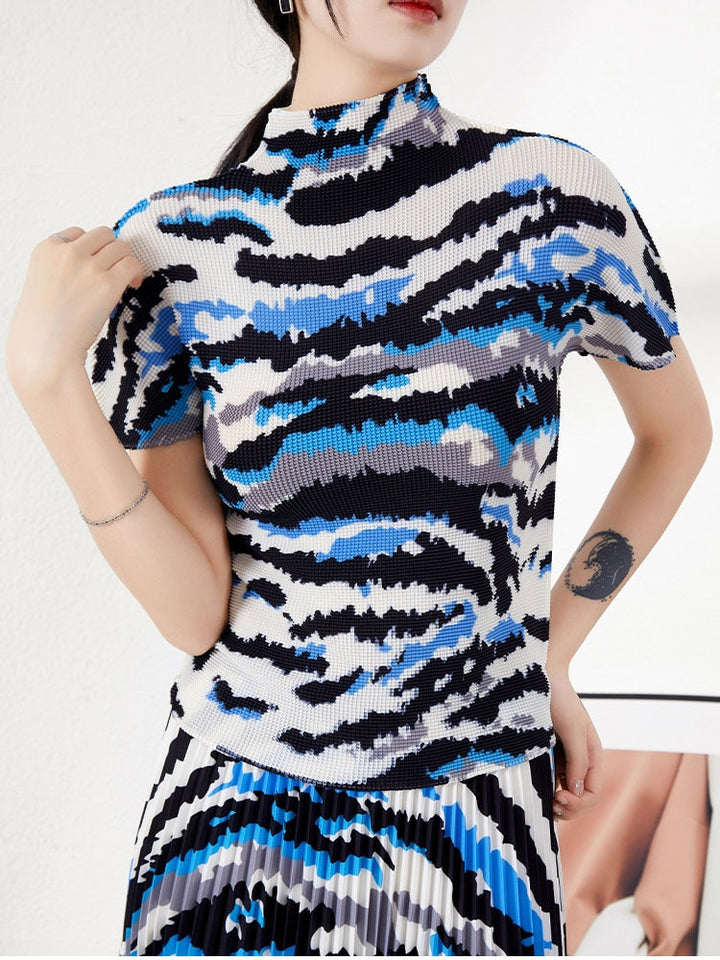 Printing Pleated Set Women Summer Elastic Slimming Stand Collar Short Sleeve T-shirt Top Long Skirt