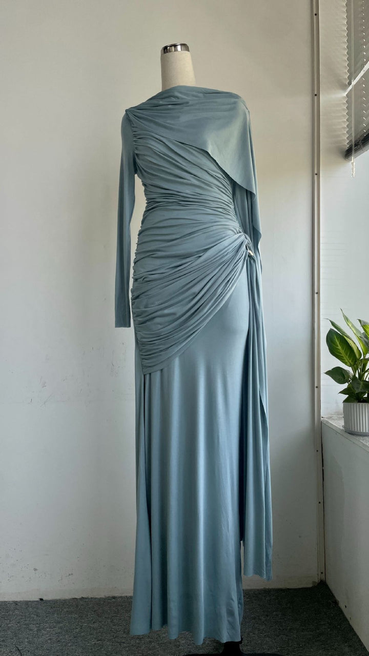 Solid color pleated asymmetrical minimalist slim fit dress