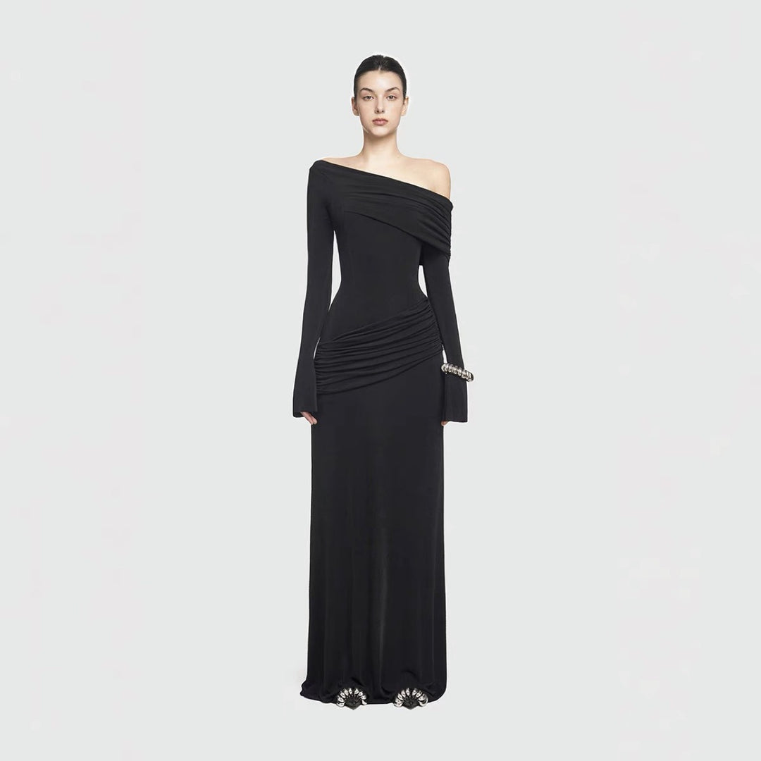 Asymmetrical Shoulder Long Sleeve Fitted Pleated Maxi Dress, Elegant Pleated Dress, Simple Fitted Long Dress