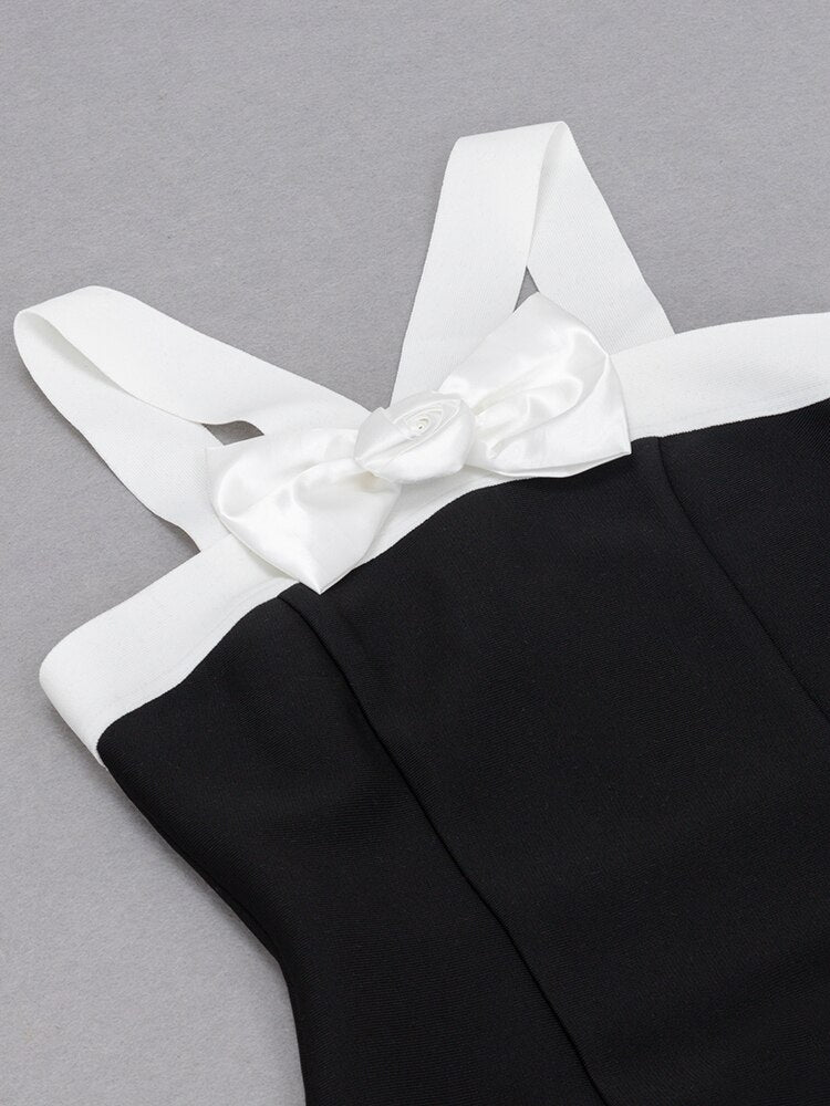PB Summer New Sexy Black White Combo Bow Elegant Celebrity Club Party Bodycon Bandage Dress