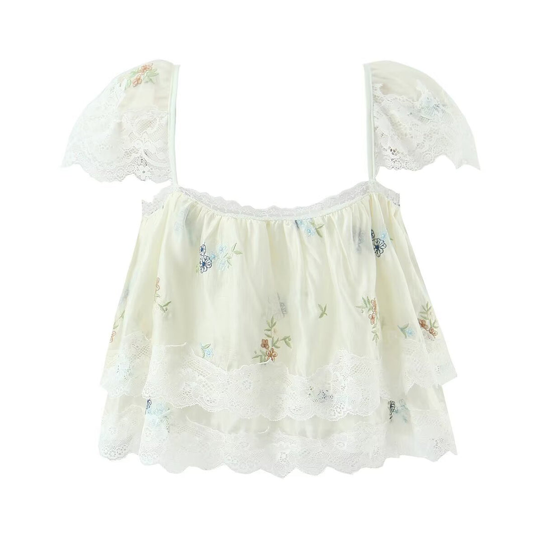 Embroidered lace up top+Embroidered skirt set