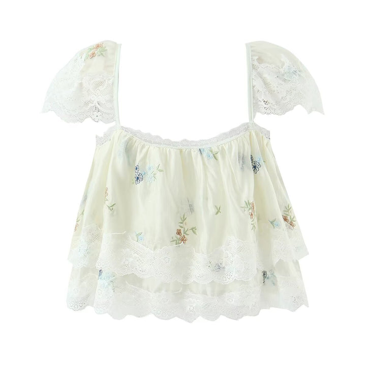 Embroidered lace up top+Embroidered skirt set