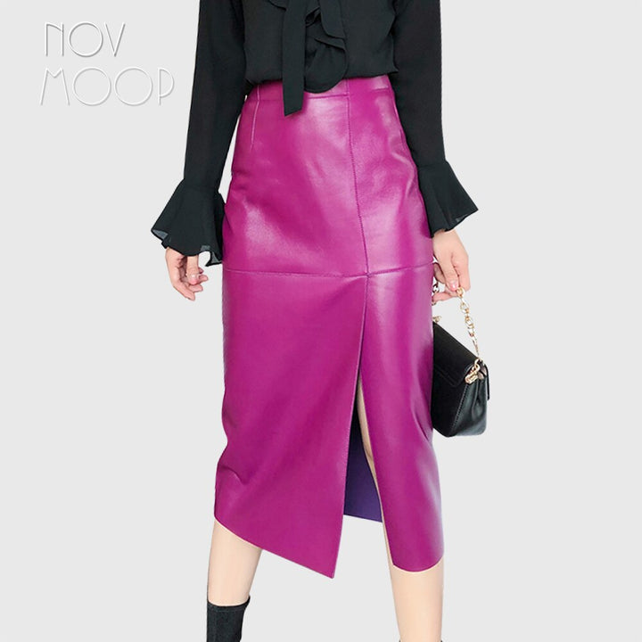 Real Leather Leather Skirt Spring New Sheepskin Fanny Pack Hip Skirt Slit Over The Knee Skirt For Women