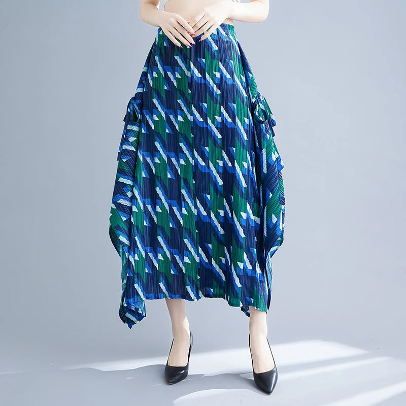 Half length skirt medium length skirt A-line skirt for women irregular pleats thousand bird pattern printed skirt