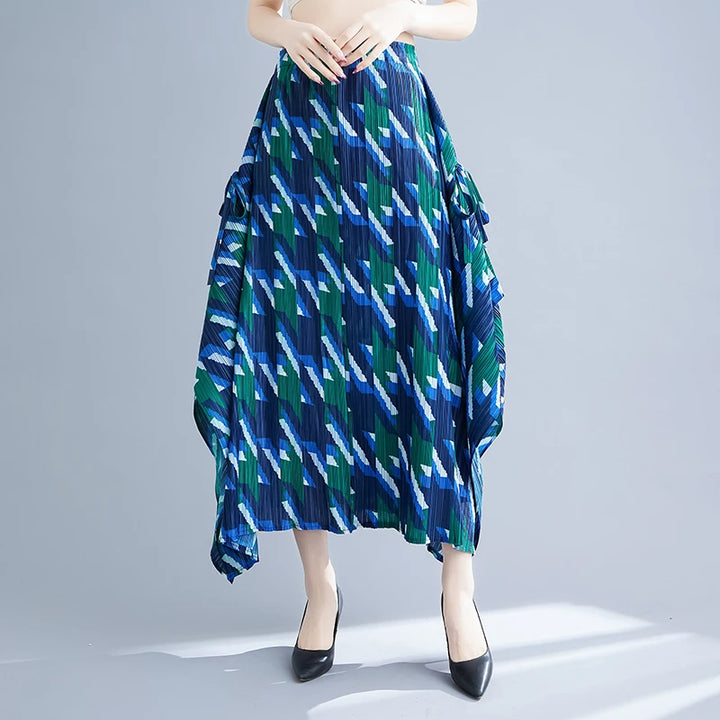 Half length skirt medium length skirt A-line skirt for women irregular pleats thousand bird pattern printed skirt