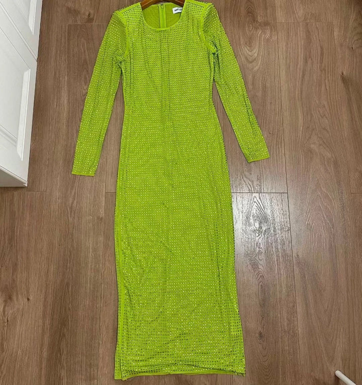 Green Sequined Beaded Party Dress Women Blingbling Bodycon Long Sleeve Long Dress