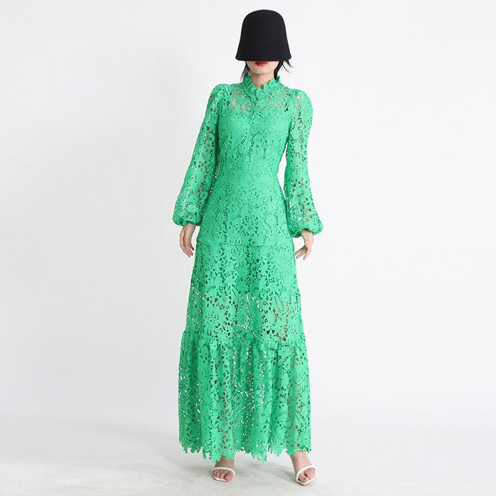 Fashionable lace hollowed out heavy-duty embroidered stand up collar bubble sleeve dress