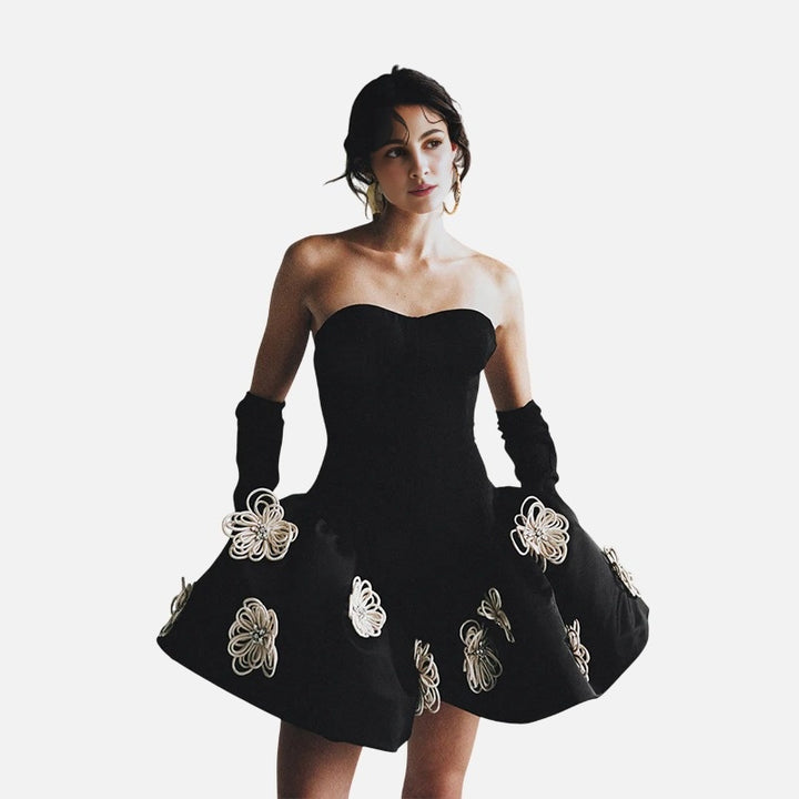 Black Color Women Sexy Strapless Florals Ball Grown Mini Bandage Dress Fashion Birthday Party Celebrate Cocktail Dress Wholesale