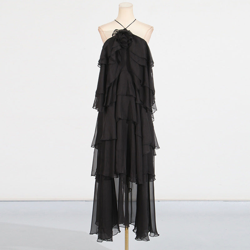Splicing lotus leaf edge skirt with hanging neck and exposed back design long dress for women