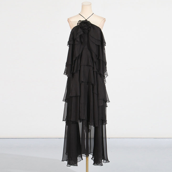 Splicing lotus leaf edge skirt with hanging neck and exposed back design long dress for women