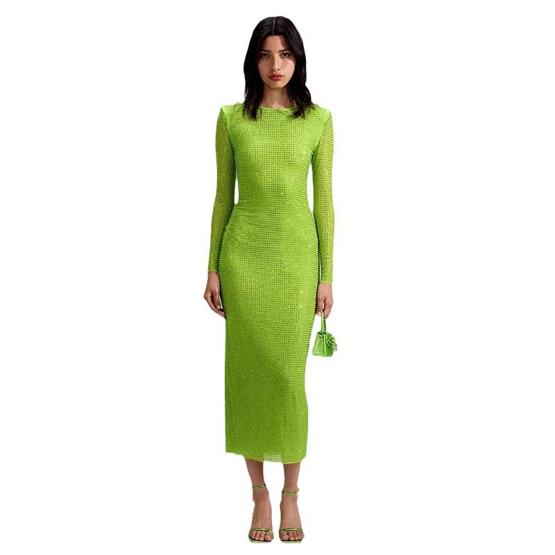 Green Sequined Beaded Party Dress Women Blingbling Bodycon Long Sleeve Long Dress