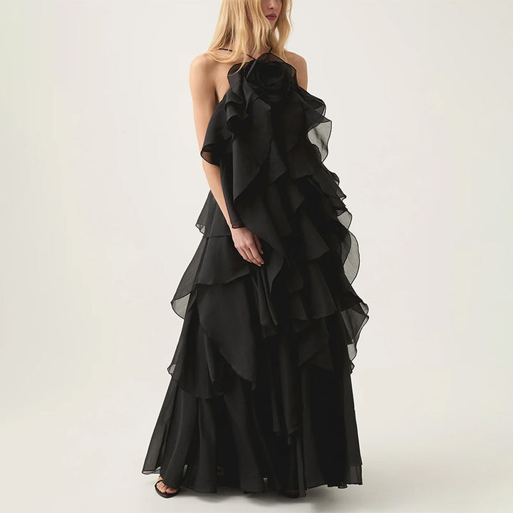 Splicing lotus leaf edge skirt with hanging neck and exposed back design long dress for women