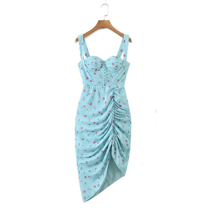 Holiday Style Suspender Dress Fashion Ins Temperament Design Print Pleated Side Slit Midi Dress Skirt