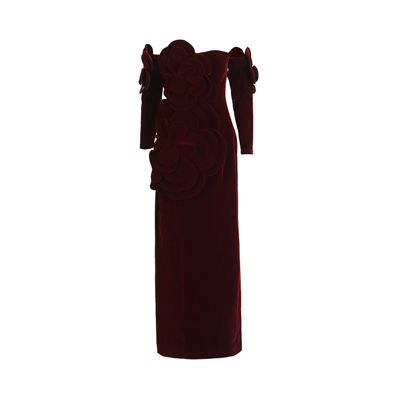 European and American socialite style slim fit and slimming strapless skirt temperament floral long dress for women