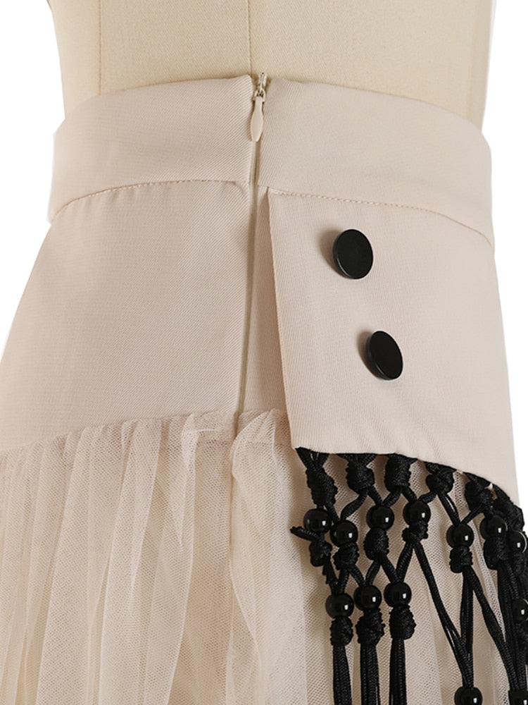 Patchwork Tassels Mesh Skirt For Women High Waist A Line Casual Midi Skirts Female Summer Clothing Style New