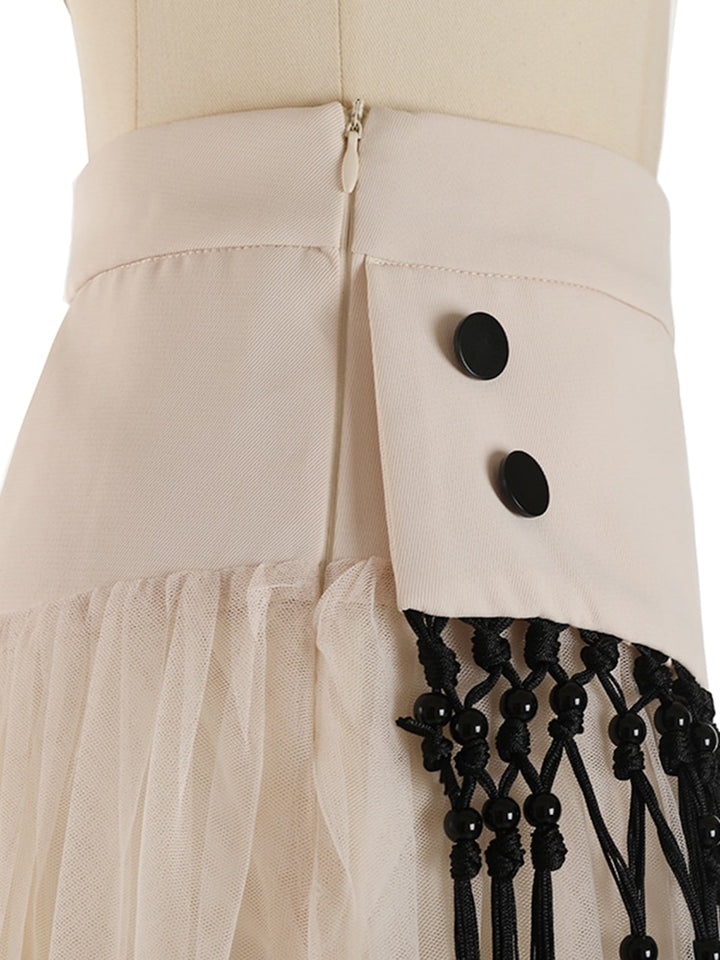 Patchwork Tassels Mesh Skirt For Women High Waist A Line Casual Midi Skirts Female Summer Clothing Style New