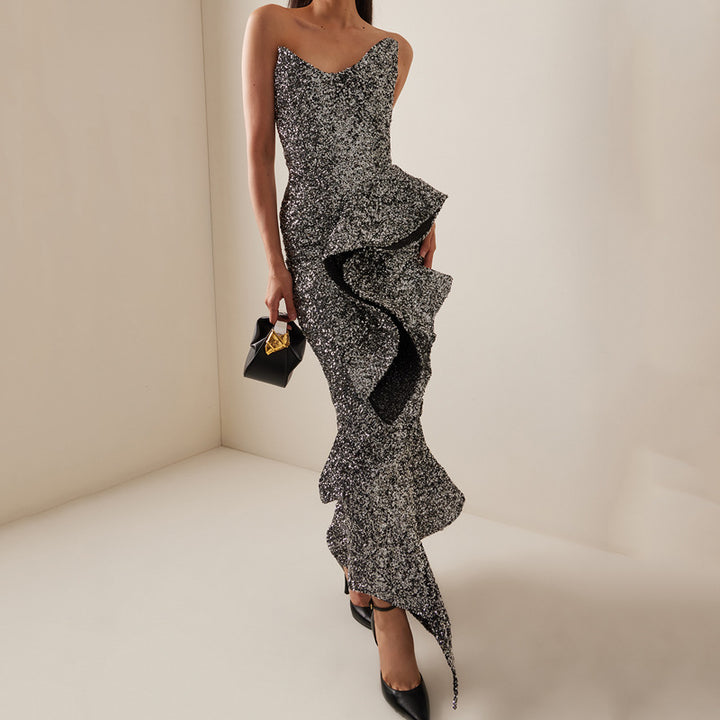 Strapless long skirt with lotus leaf hem party dress