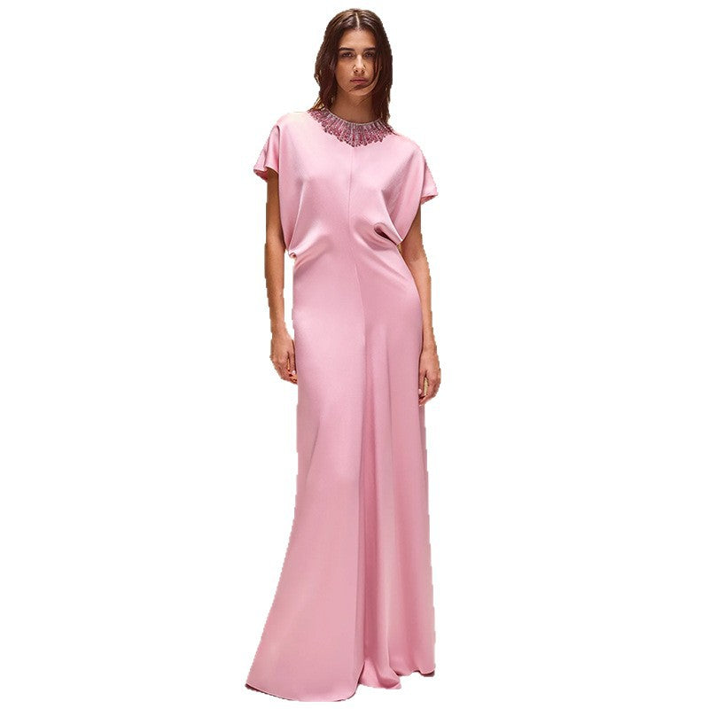Nail bead diamond bat sleeve long dress