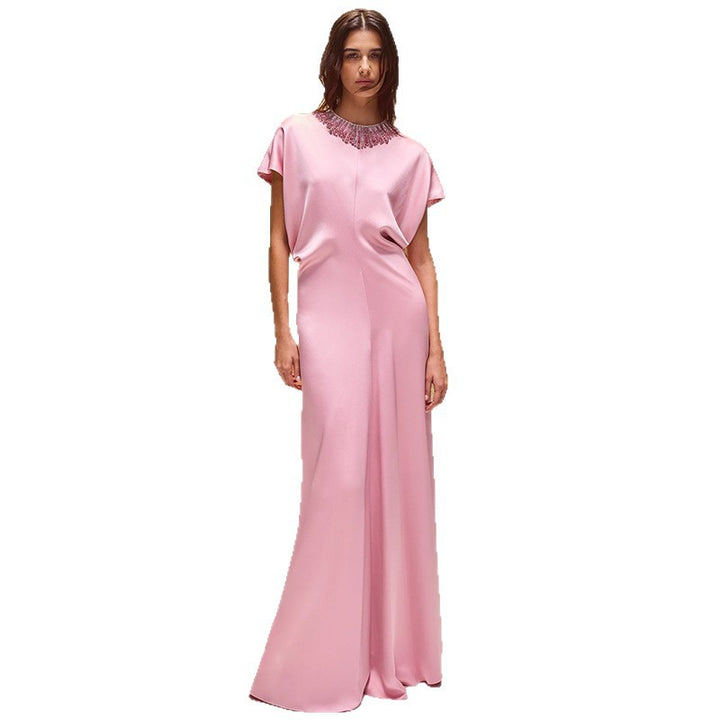 Nail bead diamond bat sleeve long dress