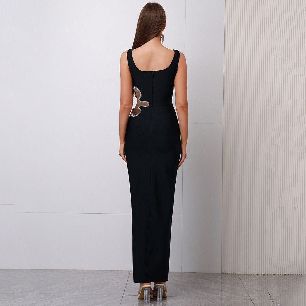 Black mesh diamond long sleeveless square neck high-end dress knitted bandage women&