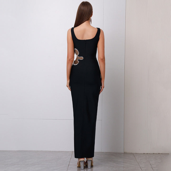 Black mesh diamond long sleeveless square neck high-end dress knitted bandage women&