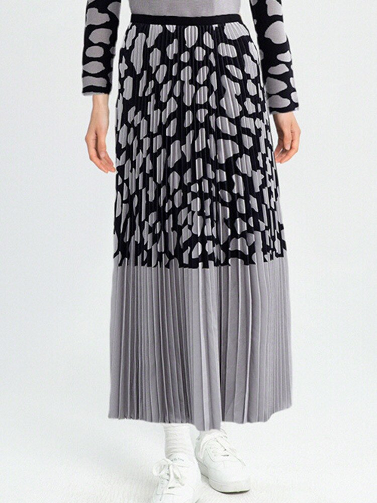 2 Pieces Set For Women Color Block T Shirt Long Sleeve A-line Elastic Waist Skirts Elegant Cloth Fashion Spring
