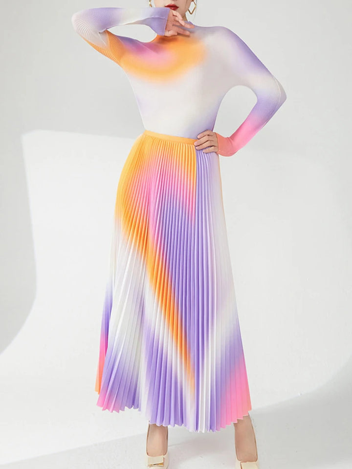 Pleated 2 Pieces Set For Women Half High Collar Full Sleeve Top + A Line Skirt Elegant New Spring