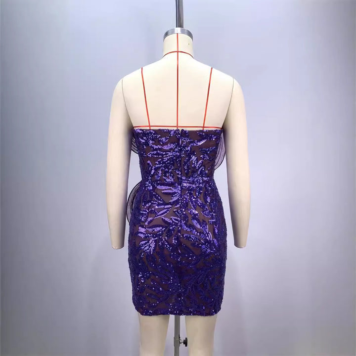 Fashionable backless one shoulder design strapless mesh sequin tight purple mini dress
