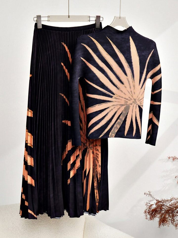 Print Pleated Two Pieces Set For Women Mock Neck Long Sleeve Top Loose Casual Skrit