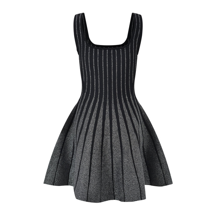 French style socialite contrasting vertical stripes silver sparkling knitted short skirt with suspender dress