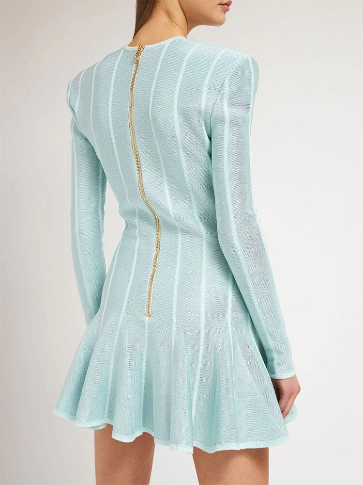 Short Tweed Dress With Gold-Tone Buttons Sexy Green Striped V-Neck Zip Mini Dresses Fall Women&