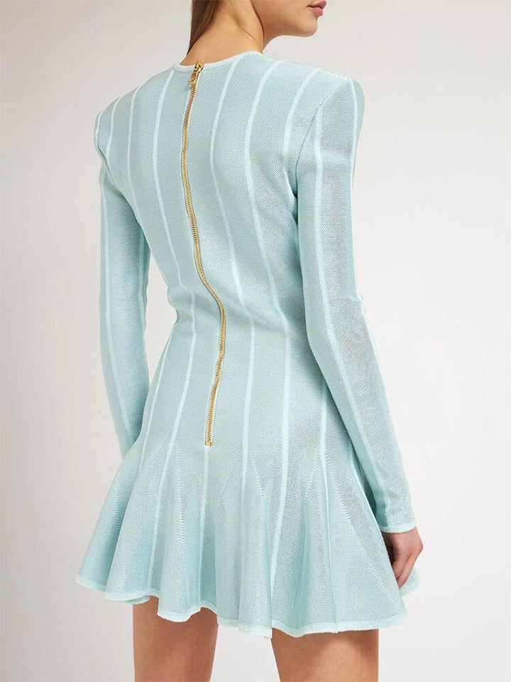 Short Tweed Dress With Gold-Tone Buttons Sexy Green Striped V-Neck Zip Mini Dresses Fall Women&