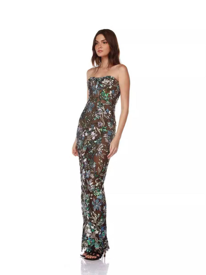 Fashionable blue sexy tube top slim fit embroidered tight sleeveless long hip-hugging dress
