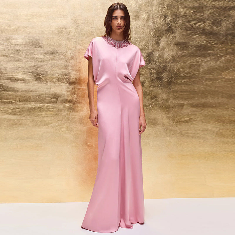 Nail bead diamond bat sleeve long dress