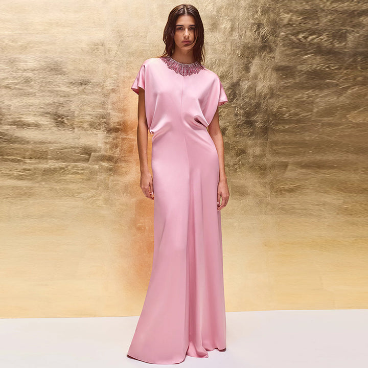Nail bead diamond bat sleeve long dress