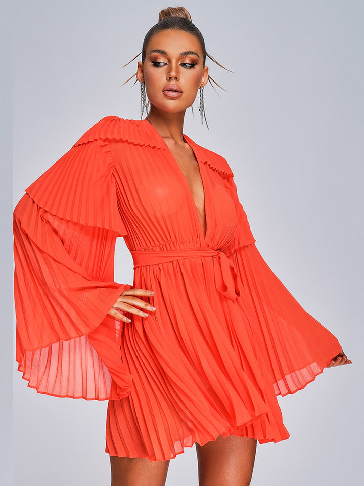 Modphy  Summer New Flare Long Sleeve V-neck Bright Pleated Women Sexy Empire Waist Party Chiffon Dress Draped Vestidos