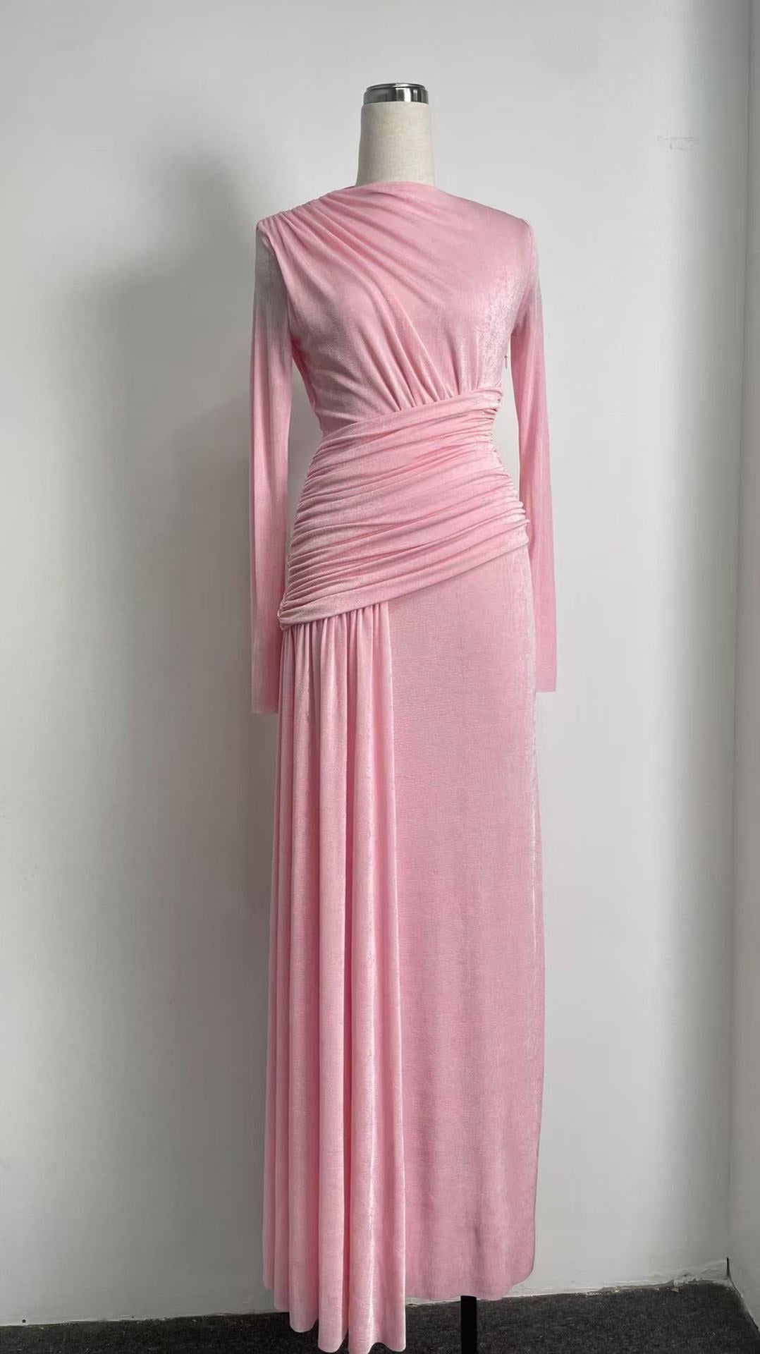 Elegant Knit Long Sleeve Ribbon Dress with Asymmetrical Neckline, Elastic Pleated Floor-Length Skirt