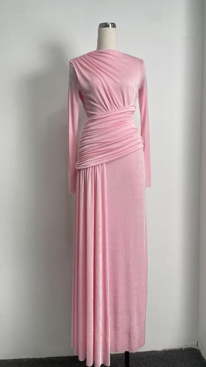 Elegant Knit Long Sleeve Ribbon Dress with Asymmetrical Neckline, Elastic Pleated Floor-Length Skirt