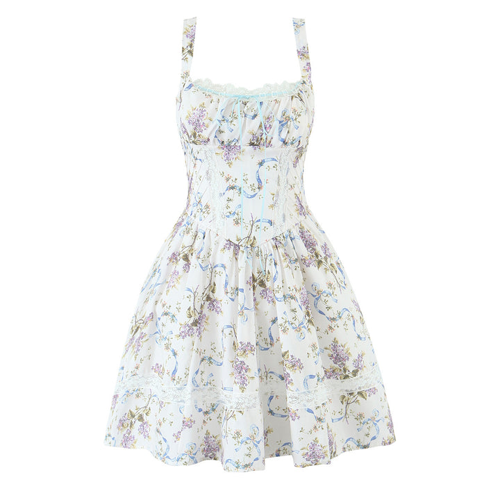 Floral lace patchwork waist cinching suspender dress