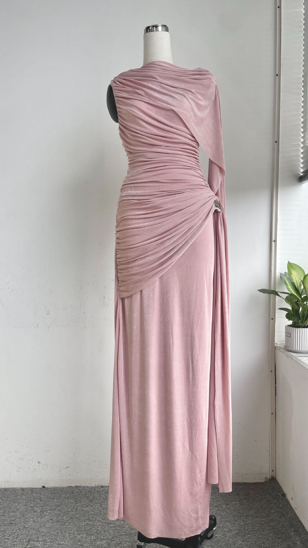 Knitted Sleeveless Pink Ribbon Pleated Floor-Length Dress with Scarf Detail