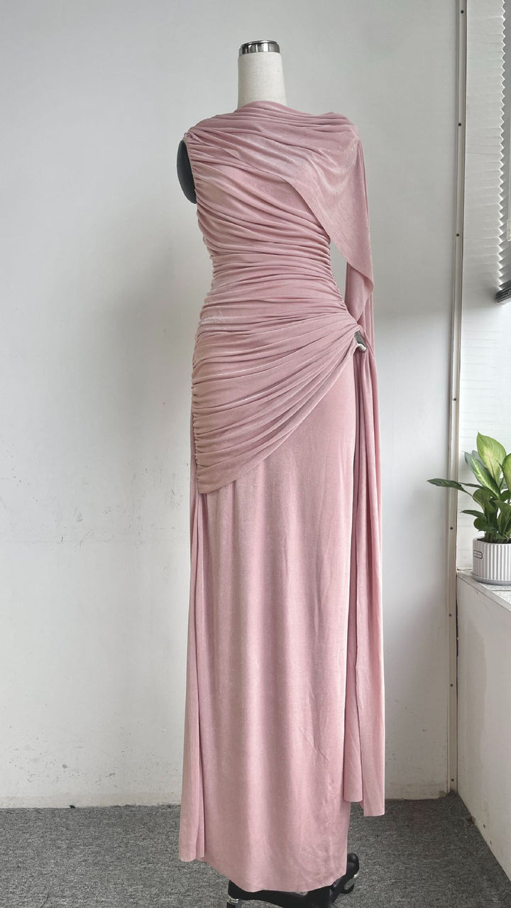 Knitted Sleeveless Pink Ribbon Pleated Floor-Length Dress with Scarf Detail