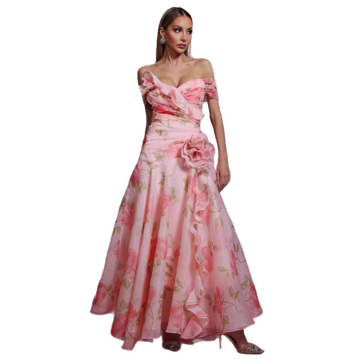 French Vintage Floral Waist-Cinched Casual Printed Asymmetrical Shoulder Dress