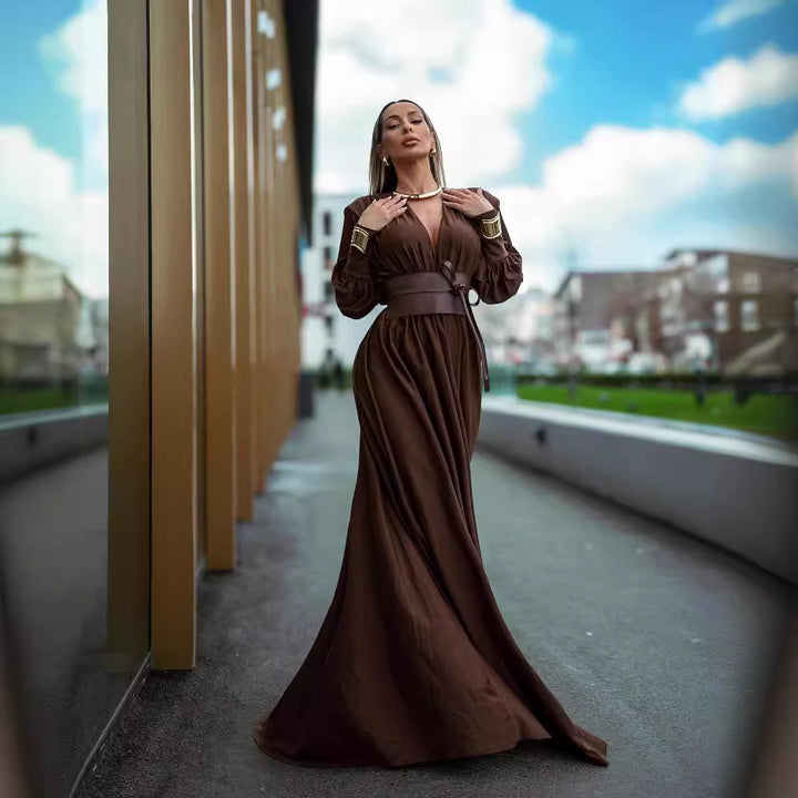 Waist closure pleated French dress in coffee color with V-neck and long sleeves