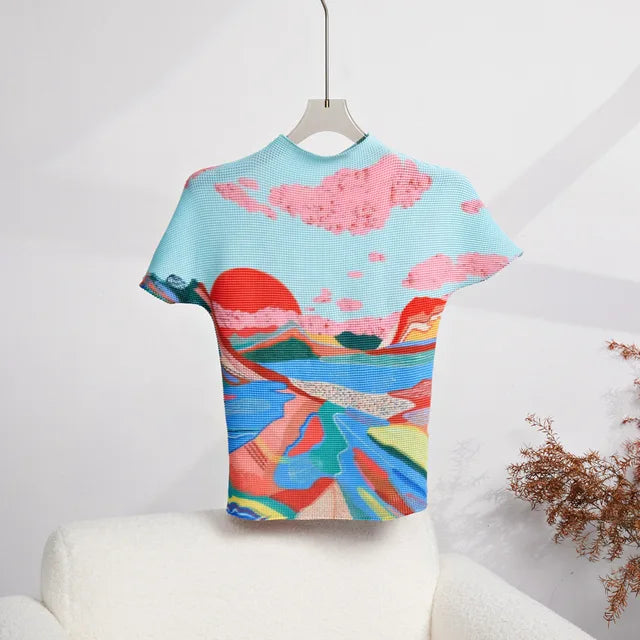 Summer High End Fashion Versatile Short Sleeve T-shirt New Print Pleated Top+Long Pleated Half Skirt Ins Fashion