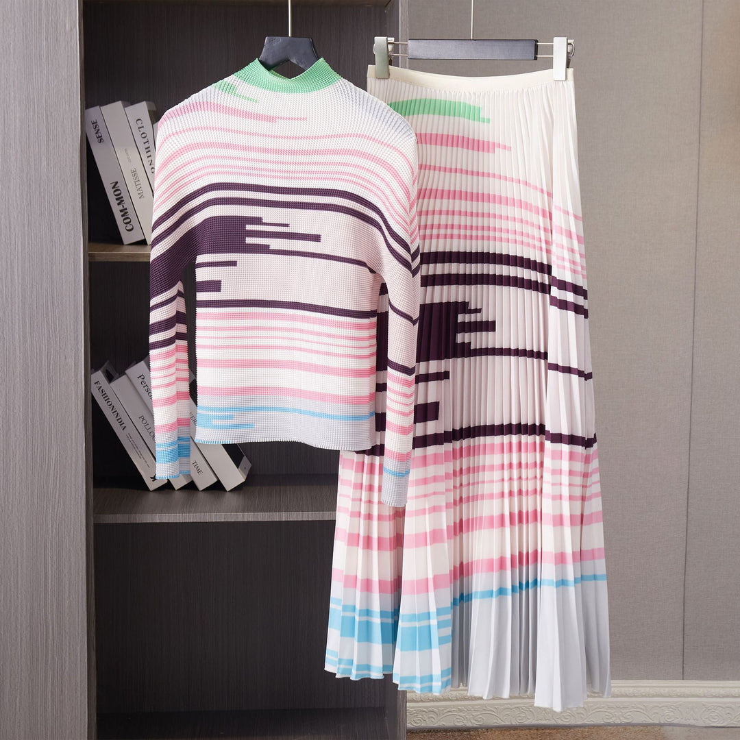 Pleated Pink Print 2 Pieces Set Loose T Shirt Color Block + A-line Skirts Women Luxury Clothes Spring Elegant
